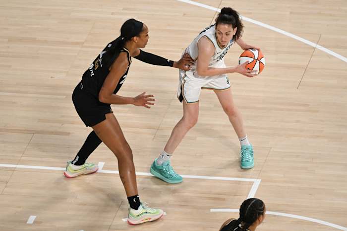 Las Vegas Aces forward A'Ja Wilson defends New York Liberty forward Breanna Stewart.